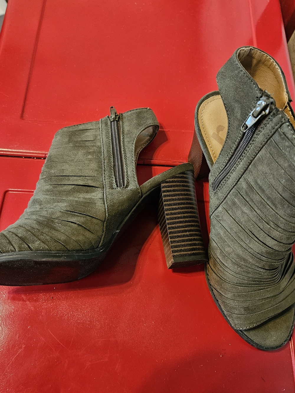 Women's Olive Suede Block Heel Peep Toe Booties